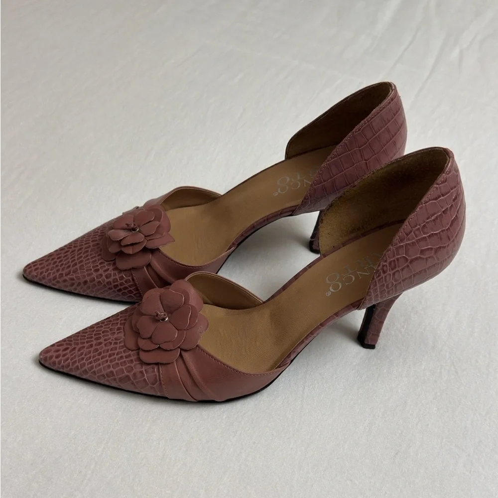 Vintage Franco Sarto Pink Leather Pointed Toe Floral Heels Size 8.5 Boho Retro - Picture 3 of 10